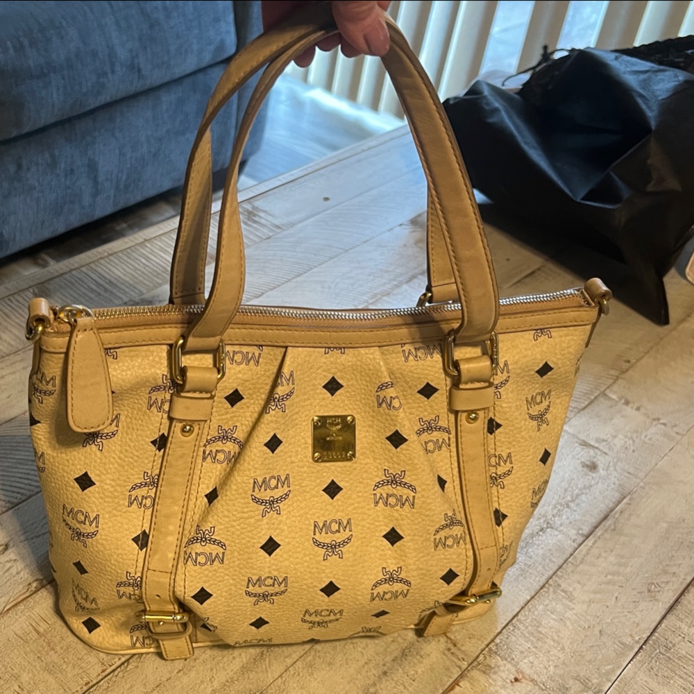MCM Tan Shoulder Bag with Gold Accents